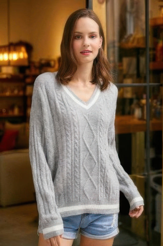 Braid Knit V Neck Sweater - Tigbul's Variety Fashion Shop