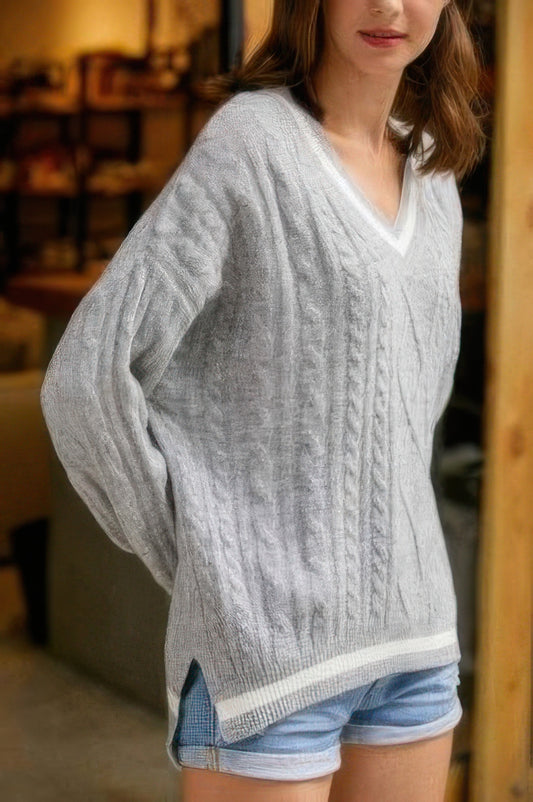Braid Knit V Neck Sweater - Tigbul's Variety Fashion Shop