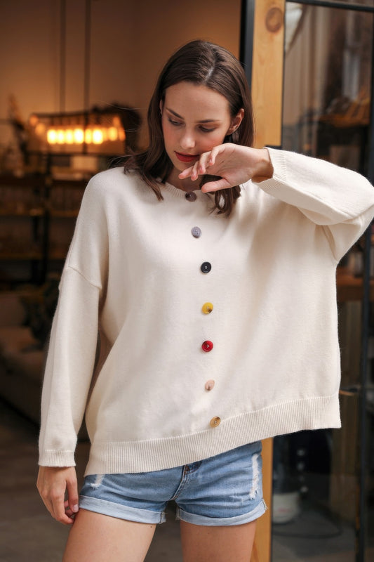Solid Sweater With Colorful Buttons - Tigbul's Variety Fashion Shop