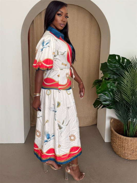 Crane & Nautical Belted Midi Dress Ivory Multi - Tigbul's Variety Fashion Shop