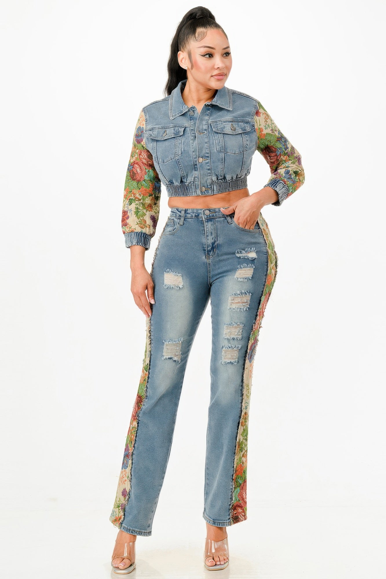 Tapestry Contrast Denim Set - Tigbul's Variety Fashion Shop