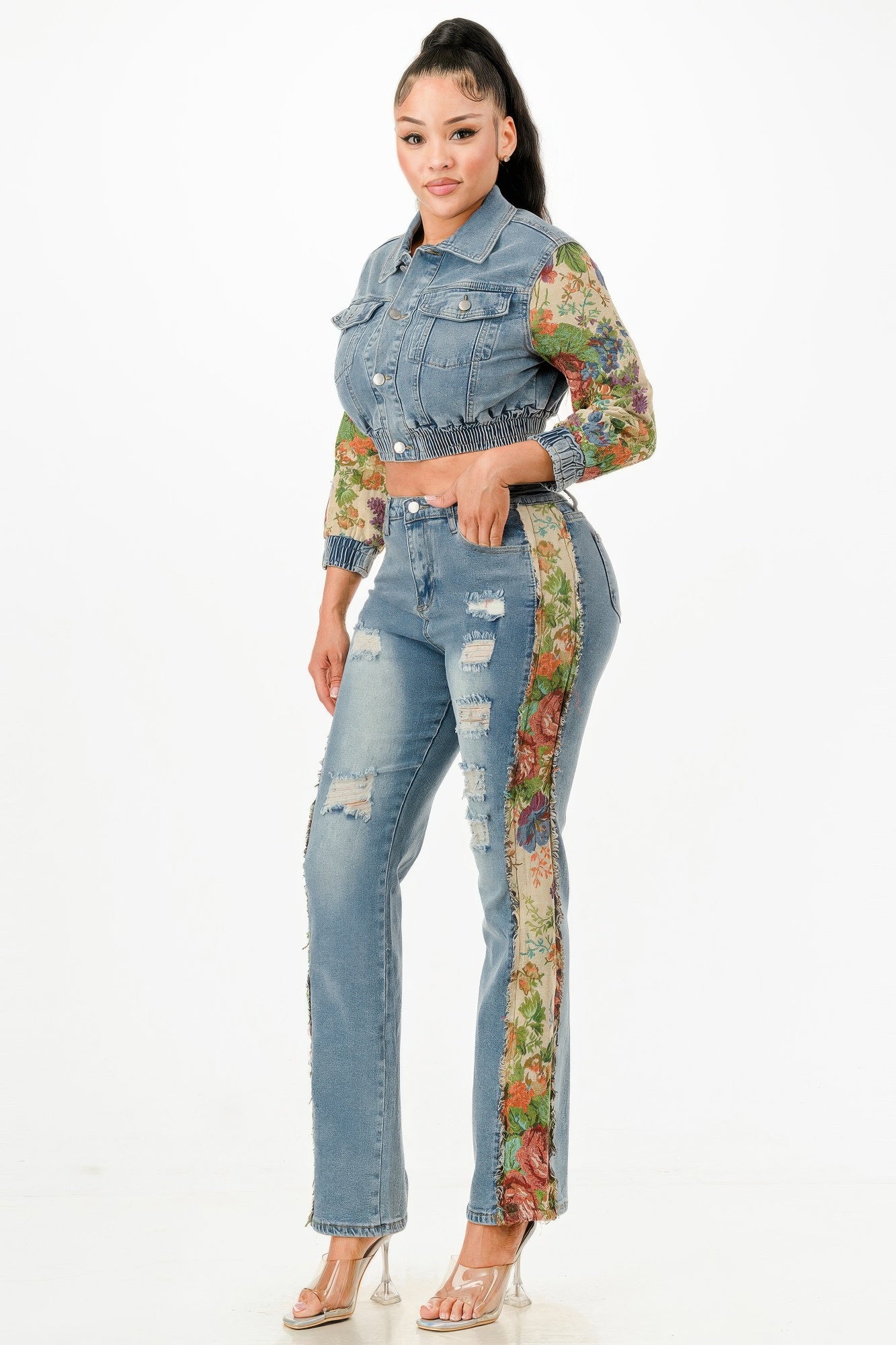 Tapestry Contrast Denim Set - Tigbul's Variety Fashion Shop