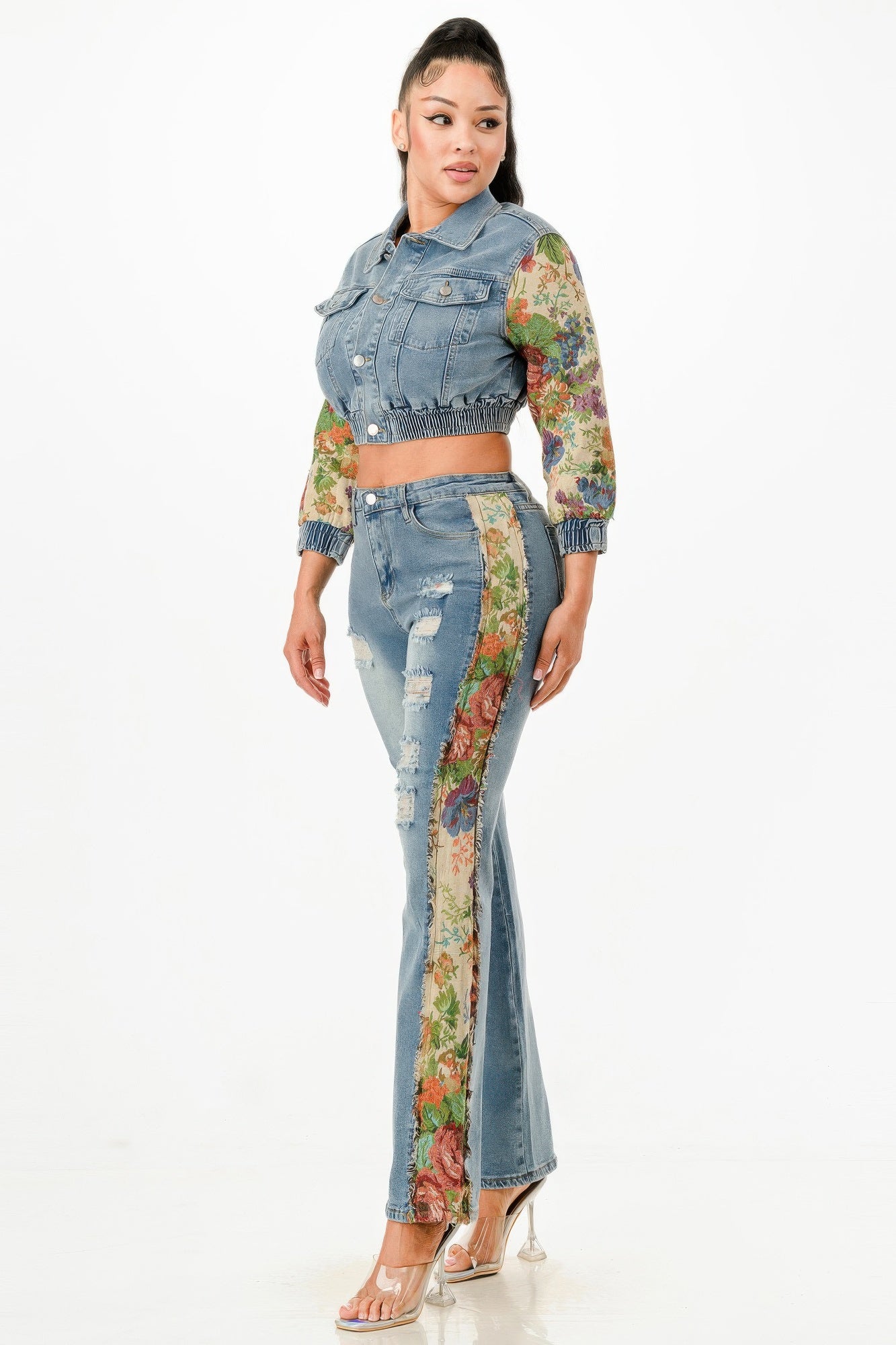 Tapestry Contrast Denim Set - Tigbul's Variety Fashion Shop