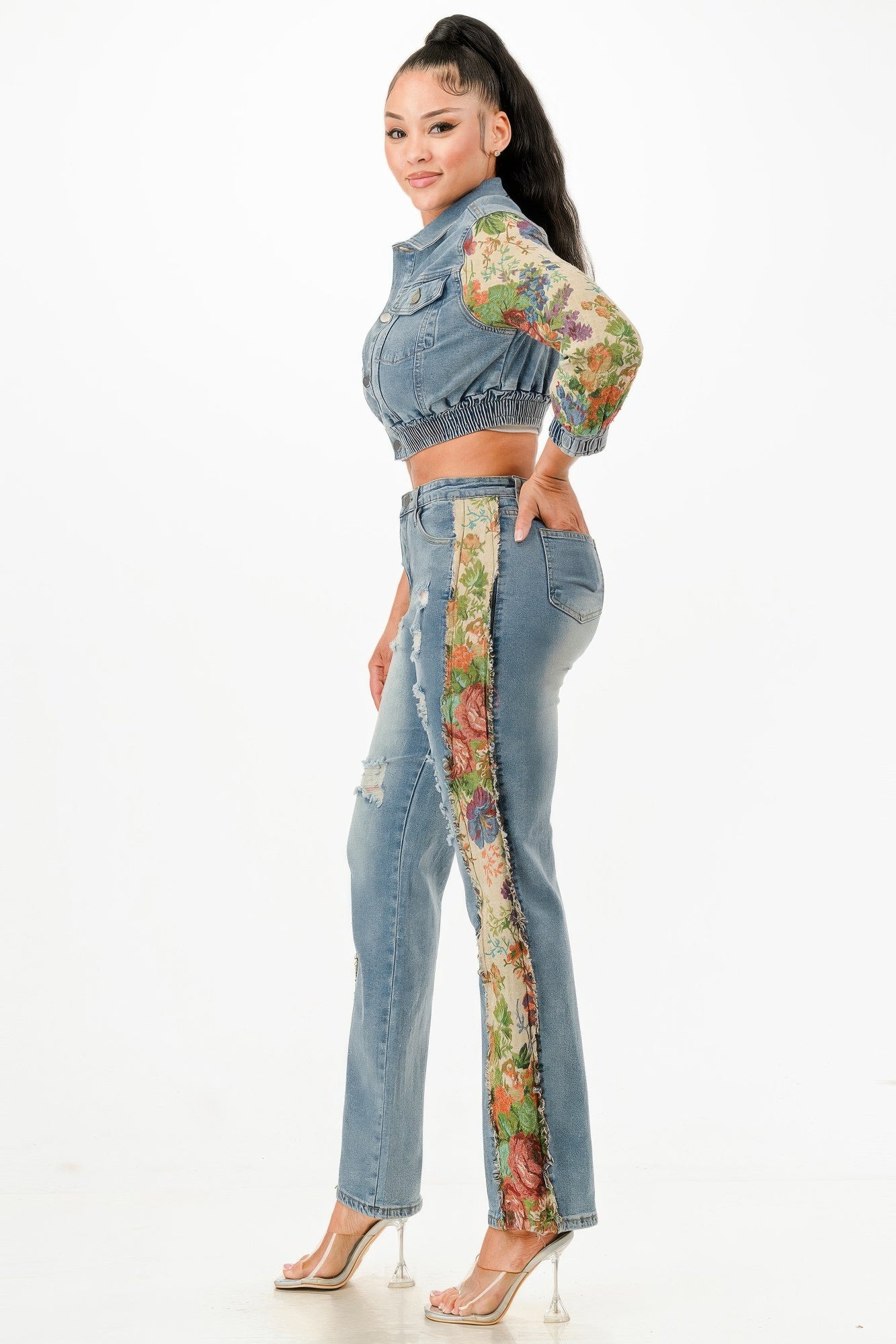 Tapestry Contrast Denim Set - Tigbul's Variety Fashion Shop