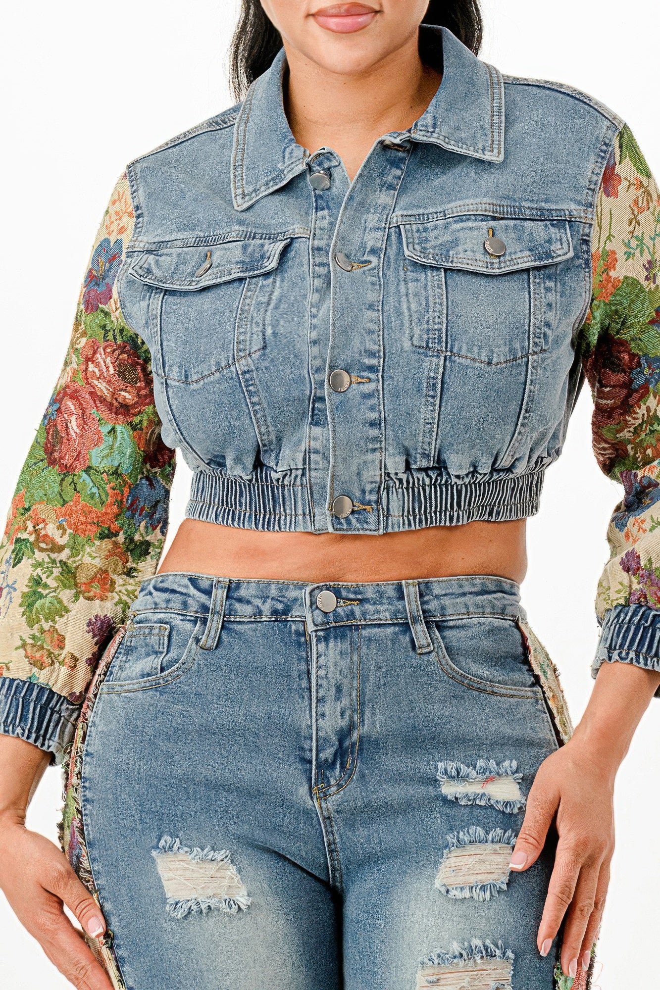 Tapestry Contrast Denim Set - Tigbul's Variety Fashion Shop