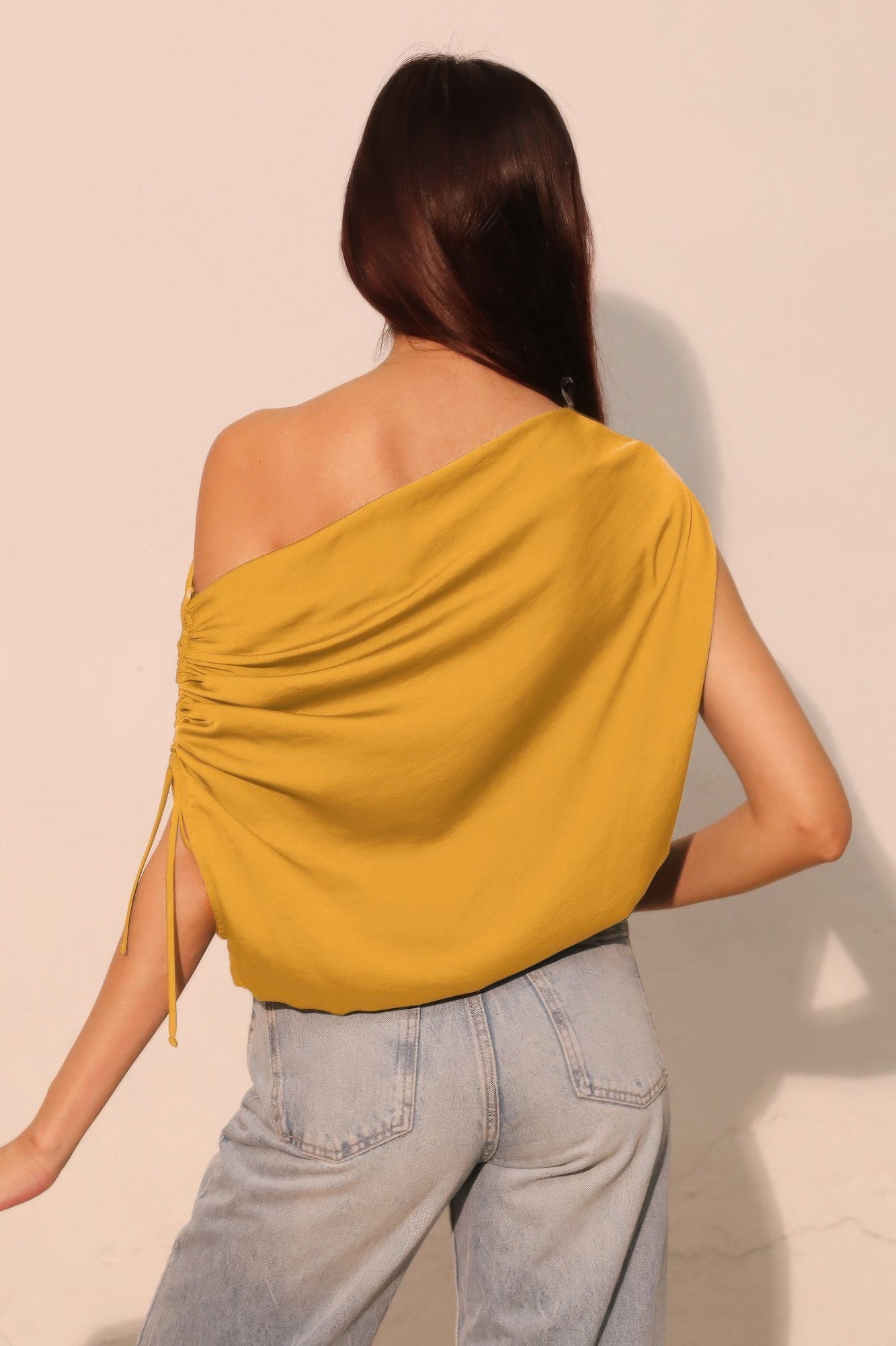 Washed Poly Silk Asymmetrical Drawstring Top - Tigbul's Variety Fashion Shop