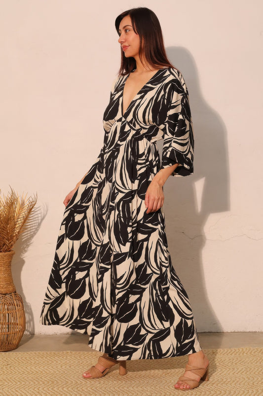 Lucca Leaf Kimono Maxi Dress - Tigbul's Variety Fashion Shop