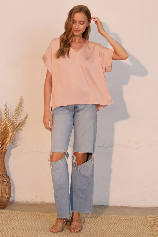 Washed Poly Silk V-neck Tee - Tigbul's Variety Fashion Shop