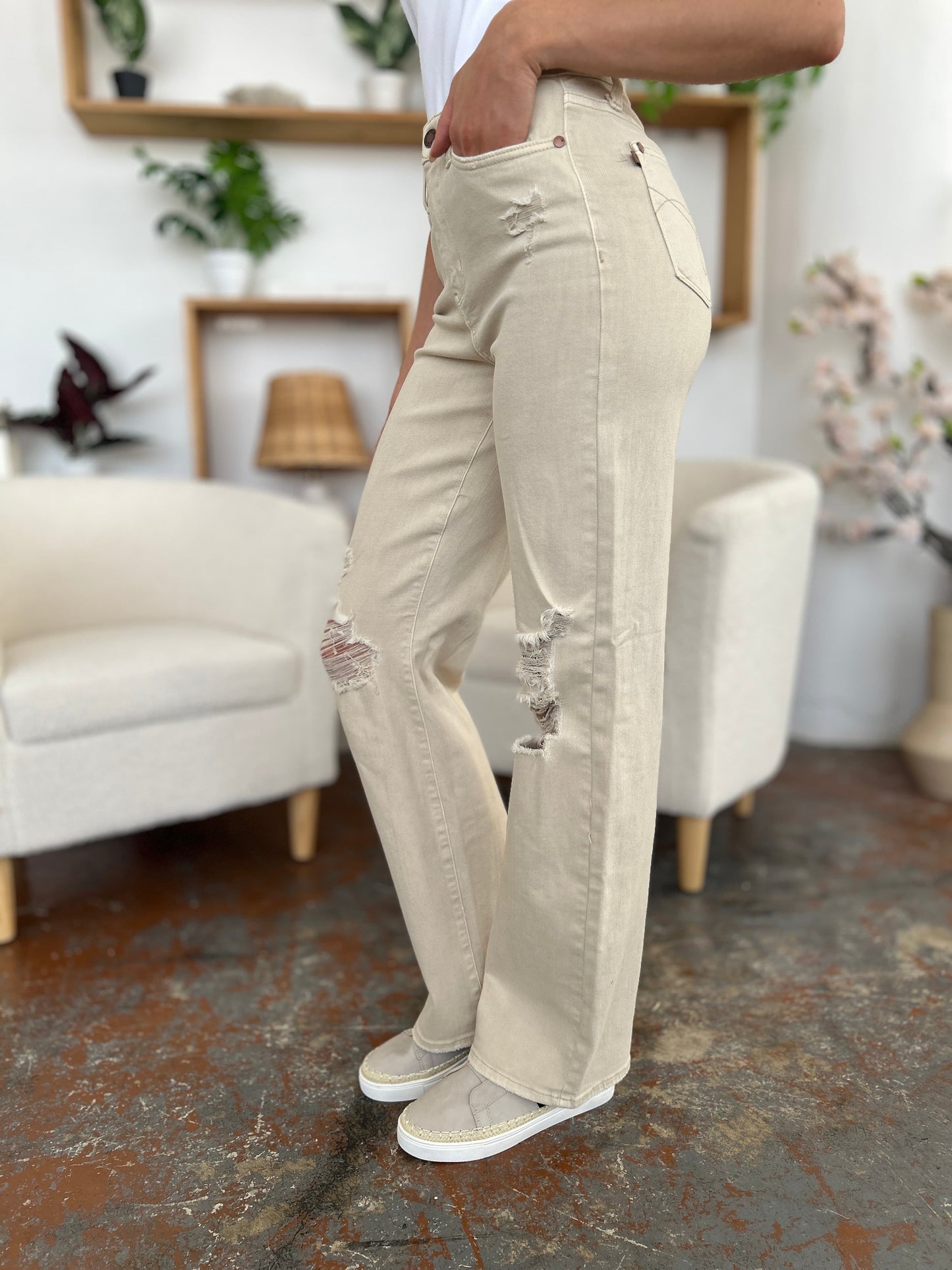Judy Ivory Color High Waist Distressed Wide Leg Jeans - Tigbul's Variety Fashion Shop