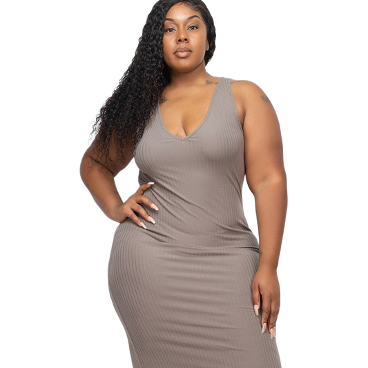 Size 2XL Ribbed V-Neck Front and Back Bodycon Dress, Taupe - Tigbul's Variety Fashion Shop