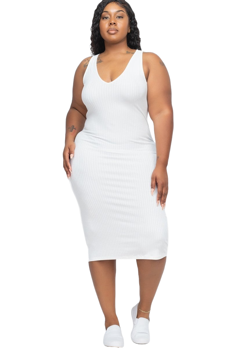 2XL Ribbed V-Neck Front and Back Bodycon Dress - Tigbul's Variety Fashion Shop