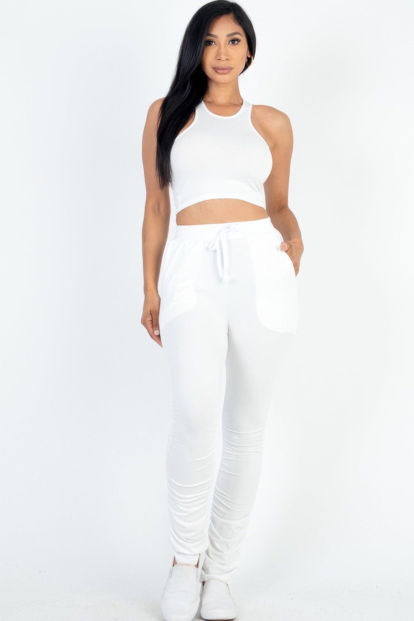 Crop Tank Top & Ruched Pants Set - Tigbul's Variety Fashion Shop