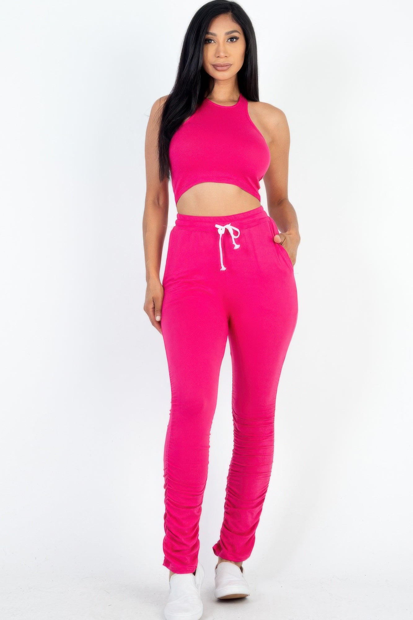 Crop Tank Top & Ruched Pants Set - Tigbul's Variety Fashion Shop