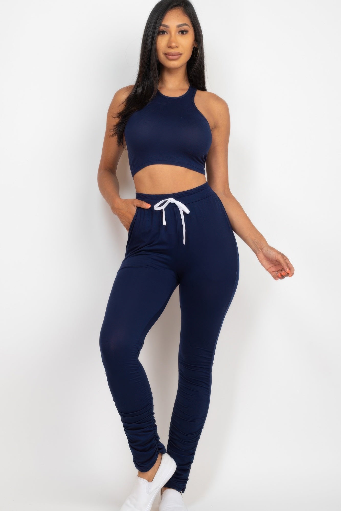 Crop Tank Top & Ruched Pants Set - Tigbul's Variety Fashion Shop