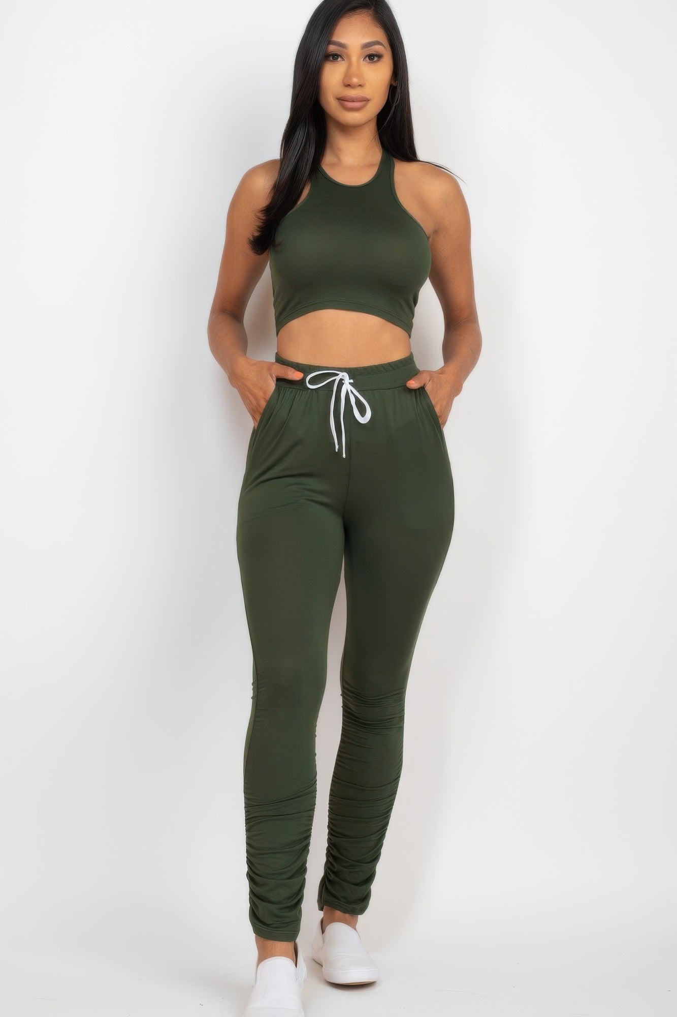 Crop Tank Top & Ruched Pants Set - Tigbul's Variety Fashion Shop