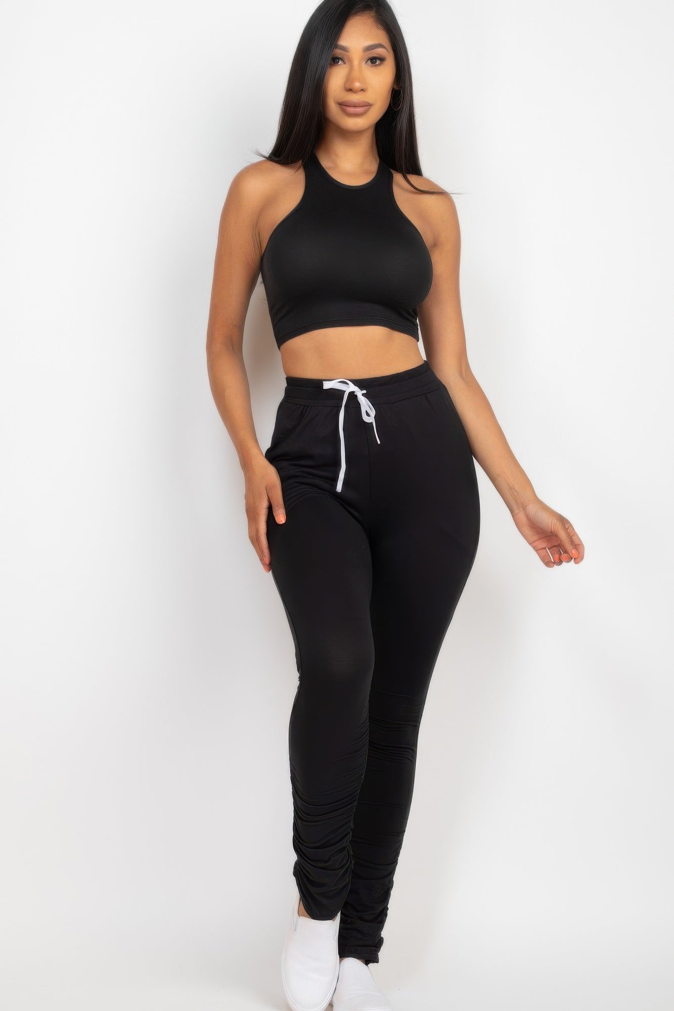 Crop Tank Top & Ruched Pants Set - Tigbul's Variety Fashion Shop