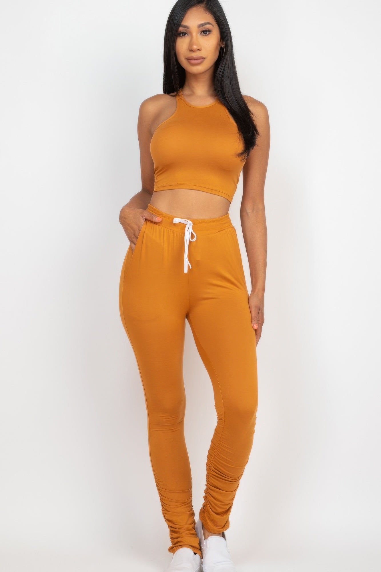 Crop Tank Top & Ruched Pants Set - Tigbul's Variety Fashion Shop