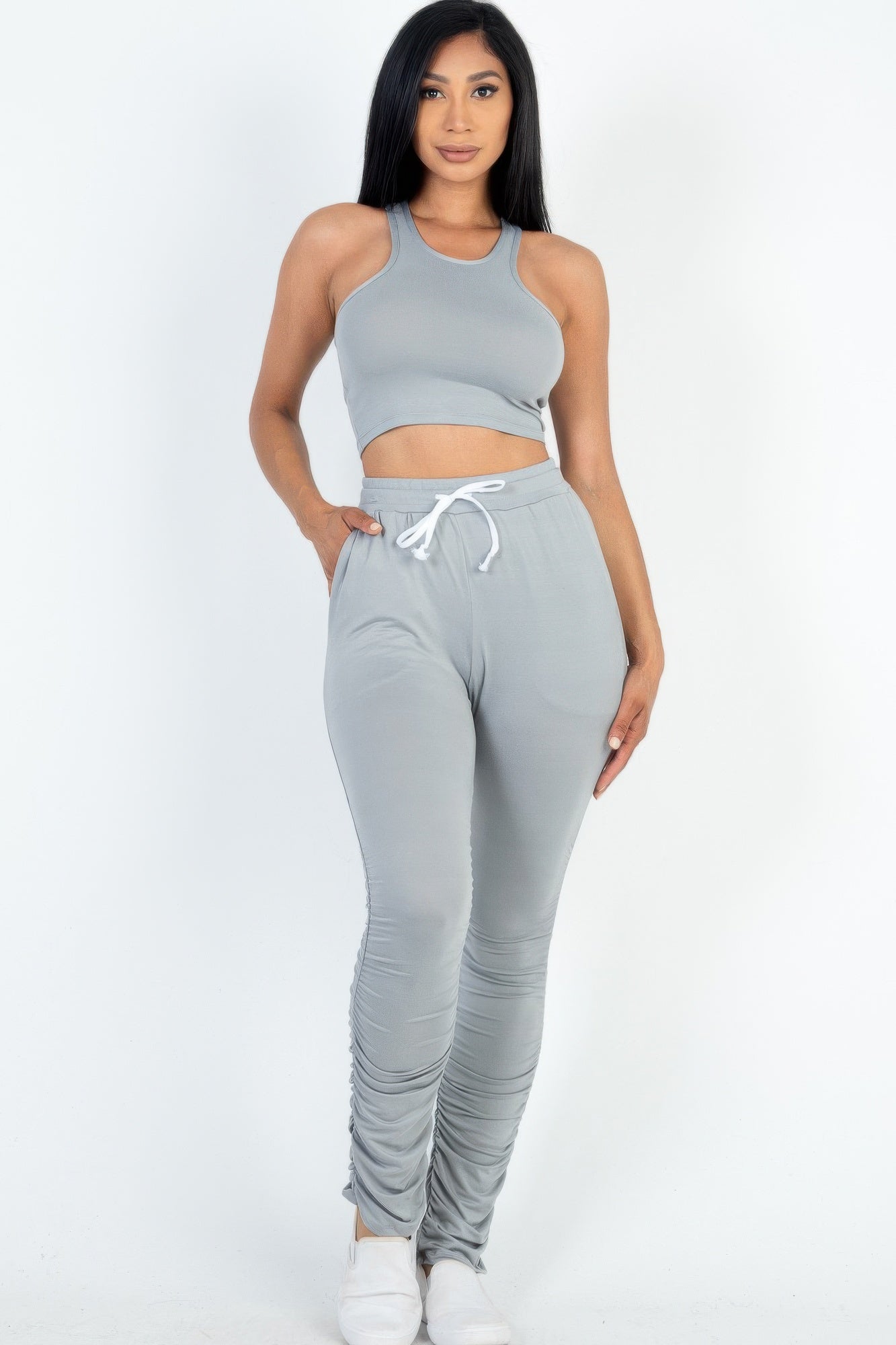 Crop Tank Top & Ruched Pants Set - Tigbul's Variety Fashion Shop