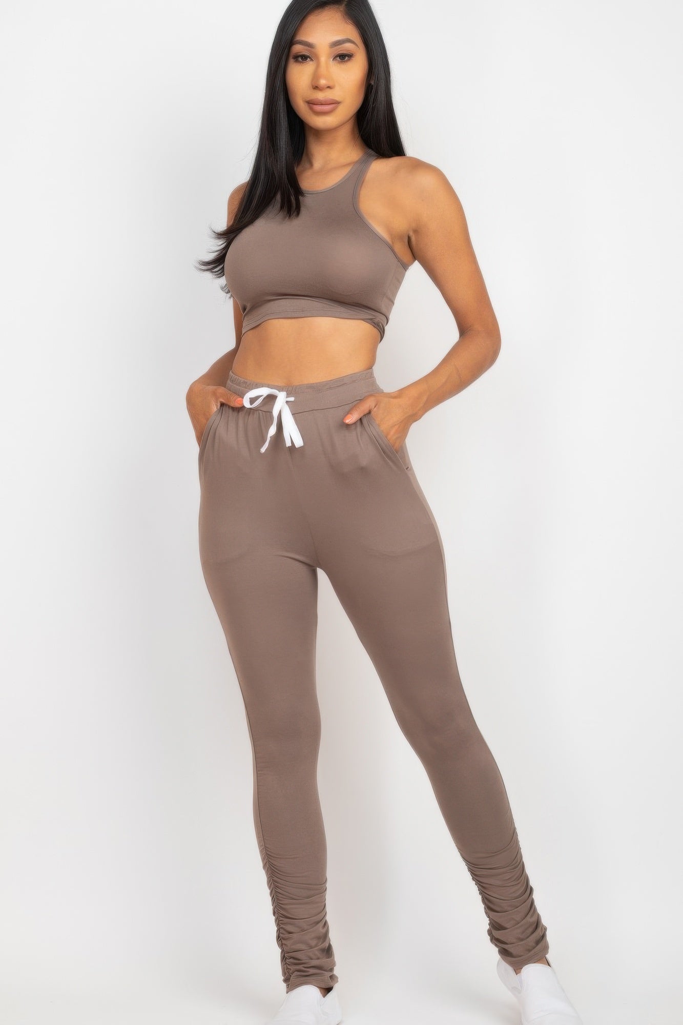 Crop Tank Top & Ruched Pants Set - Tigbul's Variety Fashion Shop