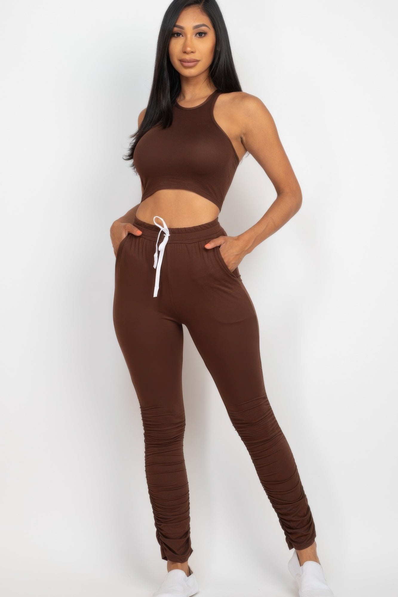 Crop Tank Top & Ruched Pants Set - Tigbul's Variety Fashion Shop