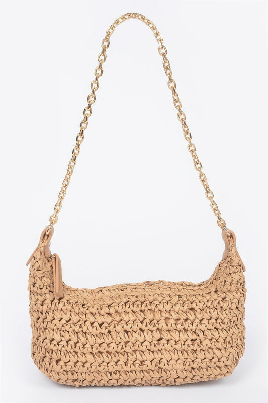 Faux Straw Zip Chain Shoulder Clutch - Tigbul's Variety Fashion Shop