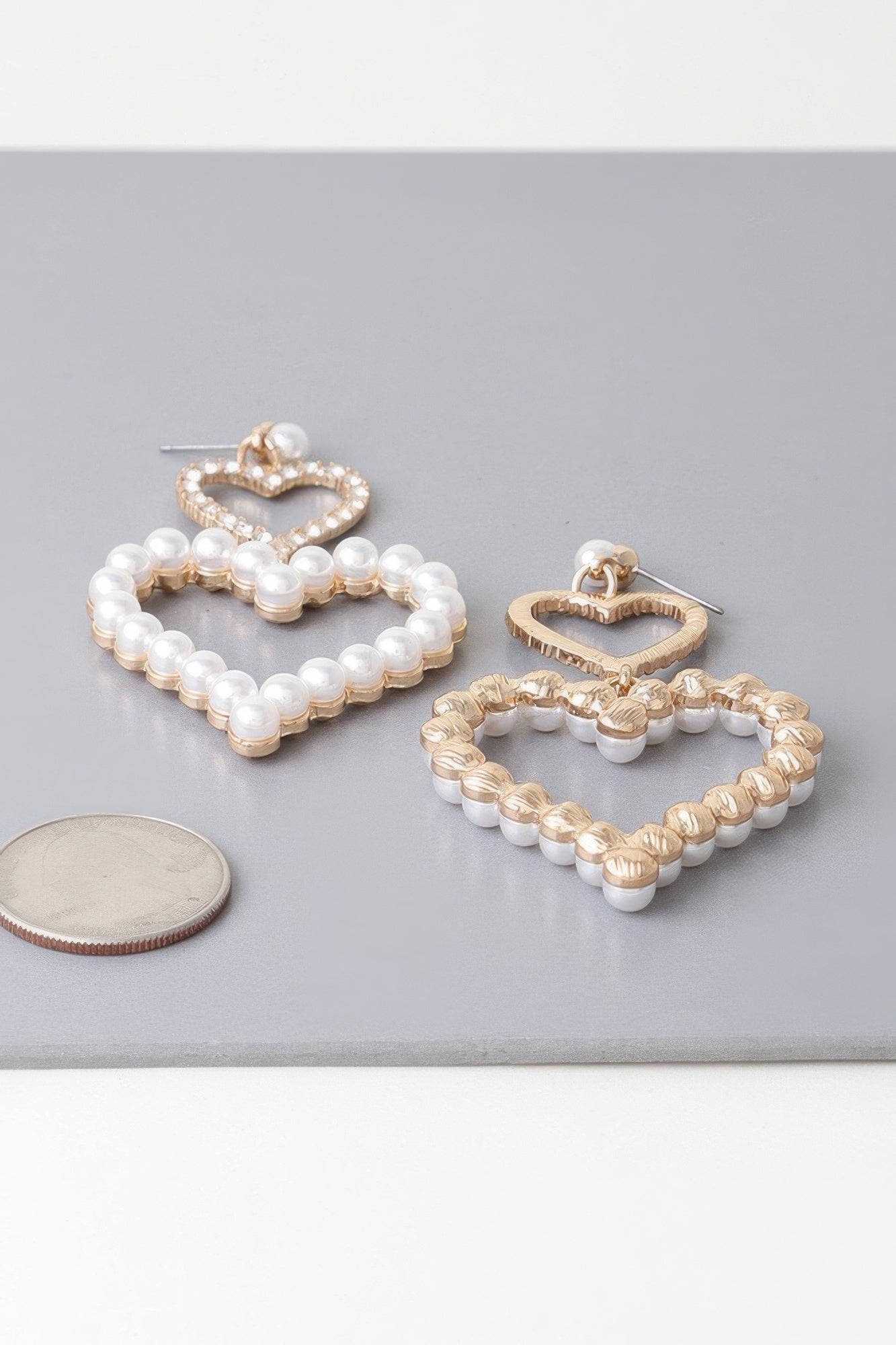 Twin Pearl Jewel Heart Drop Earrings - Tigbul's Variety Fashion Shop