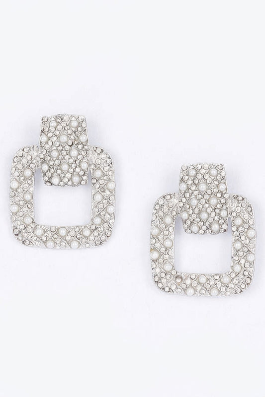 Rectangle Link Faux Pearl Rhinestone Dangle Earrings - Tigbul's Variety Fashion Shop