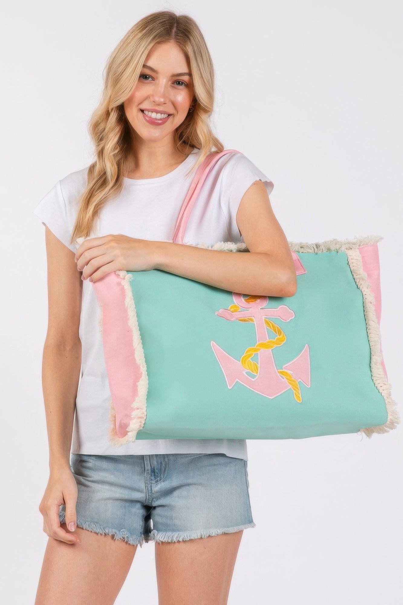 Embroidered Anchor Patch Fringe Tote Bag - Tigbul's Variety Fashion Shop