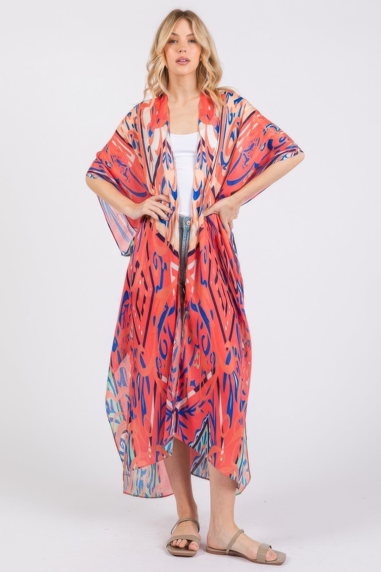 Boho Print Open Front Long Kimono - Tigbul's Variety Fashion Shop