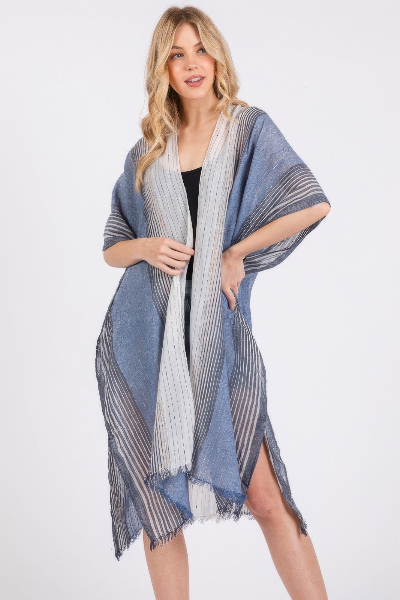 Striped Two Tone Cover Up Kimono - Tigbul's Variety Fashion Shop