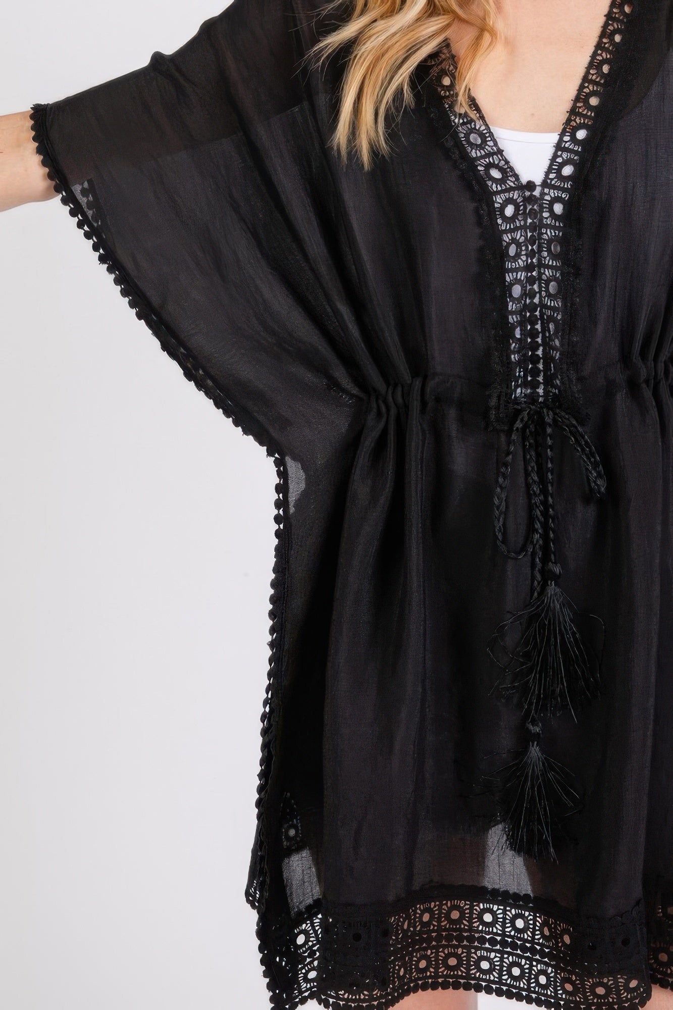 Black Crochet Trim And Front Drawstring Poncho - Tigbul's Variety Fashion Shop