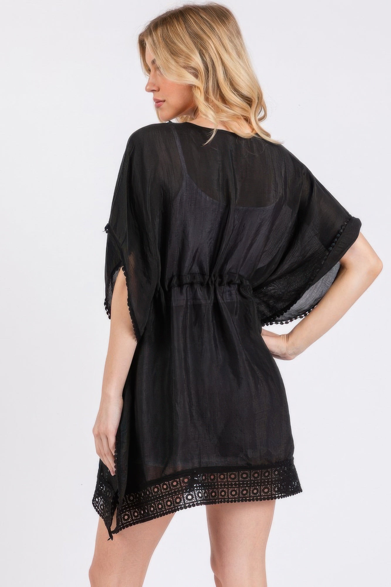 Black Crochet Trim And Front Drawstring Poncho - Tigbul's Variety Fashion Shop