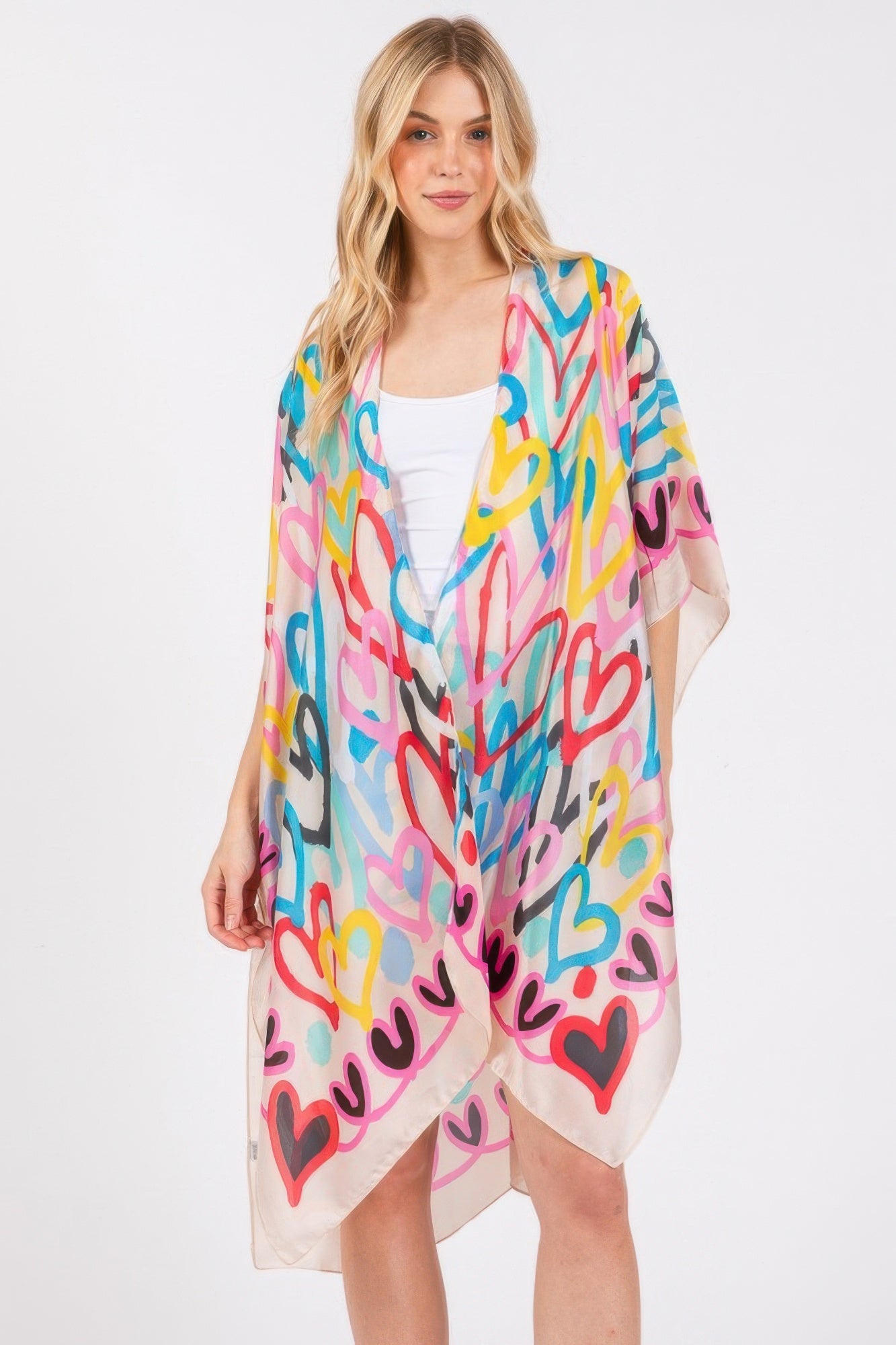 Multi Colored Heart Print Silky Feel Kimono - Tigbul's Variety Fashion Shop