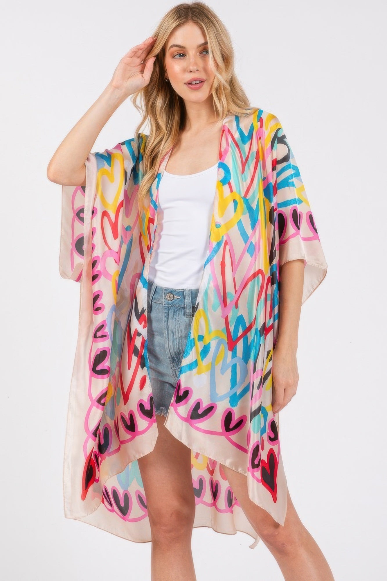 Multi Colored Heart Print Silky Feel Kimono - Tigbul's Variety Fashion Shop