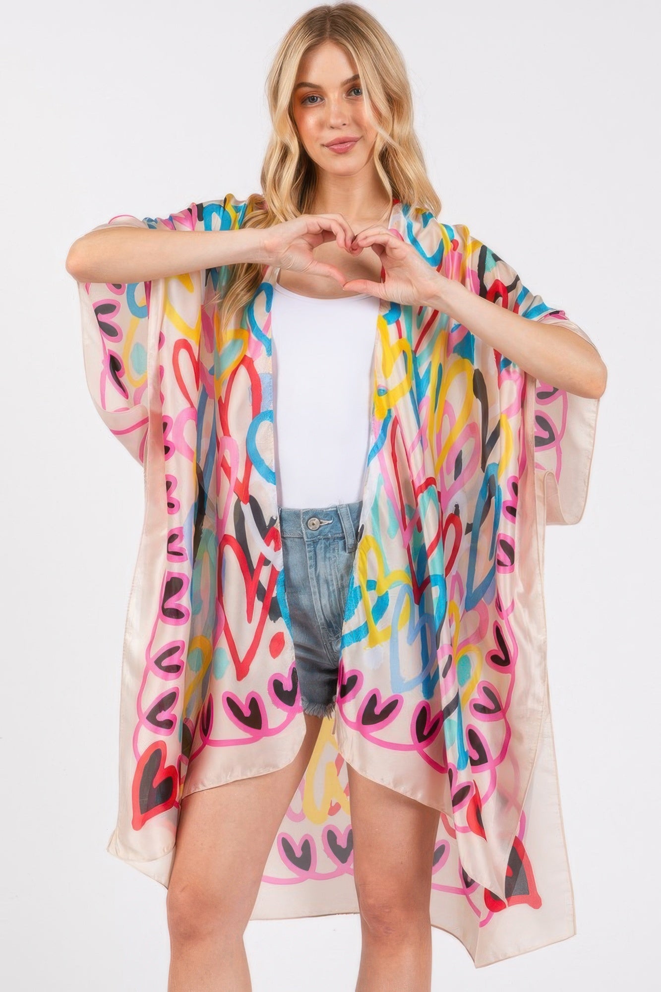Multi Colored Heart Print Silky Feel Kimono - Tigbul's Variety Fashion Shop
