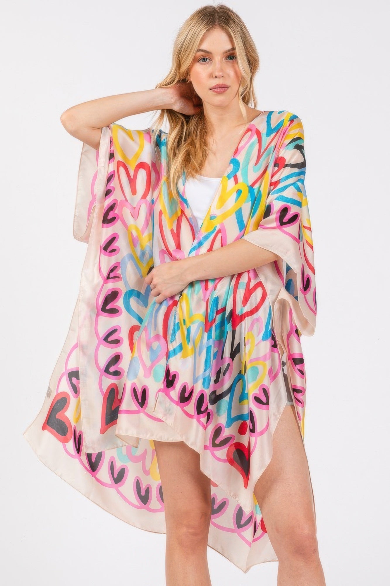Multi Colored Heart Print Silky Feel Kimono - Tigbul's Variety Fashion Shop