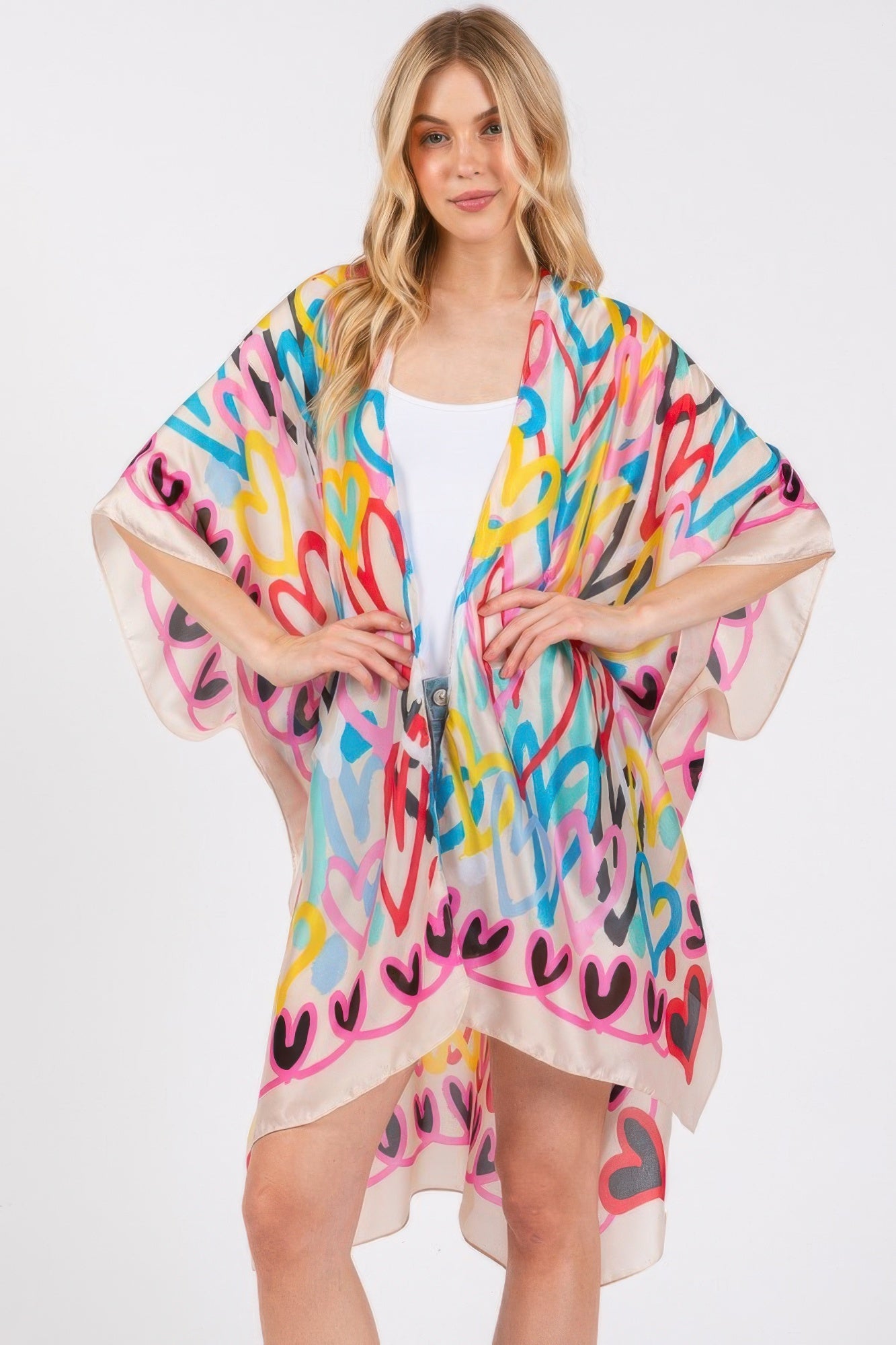 Multi Colored Heart Print Silky Feel Kimono - Tigbul's Variety Fashion Shop