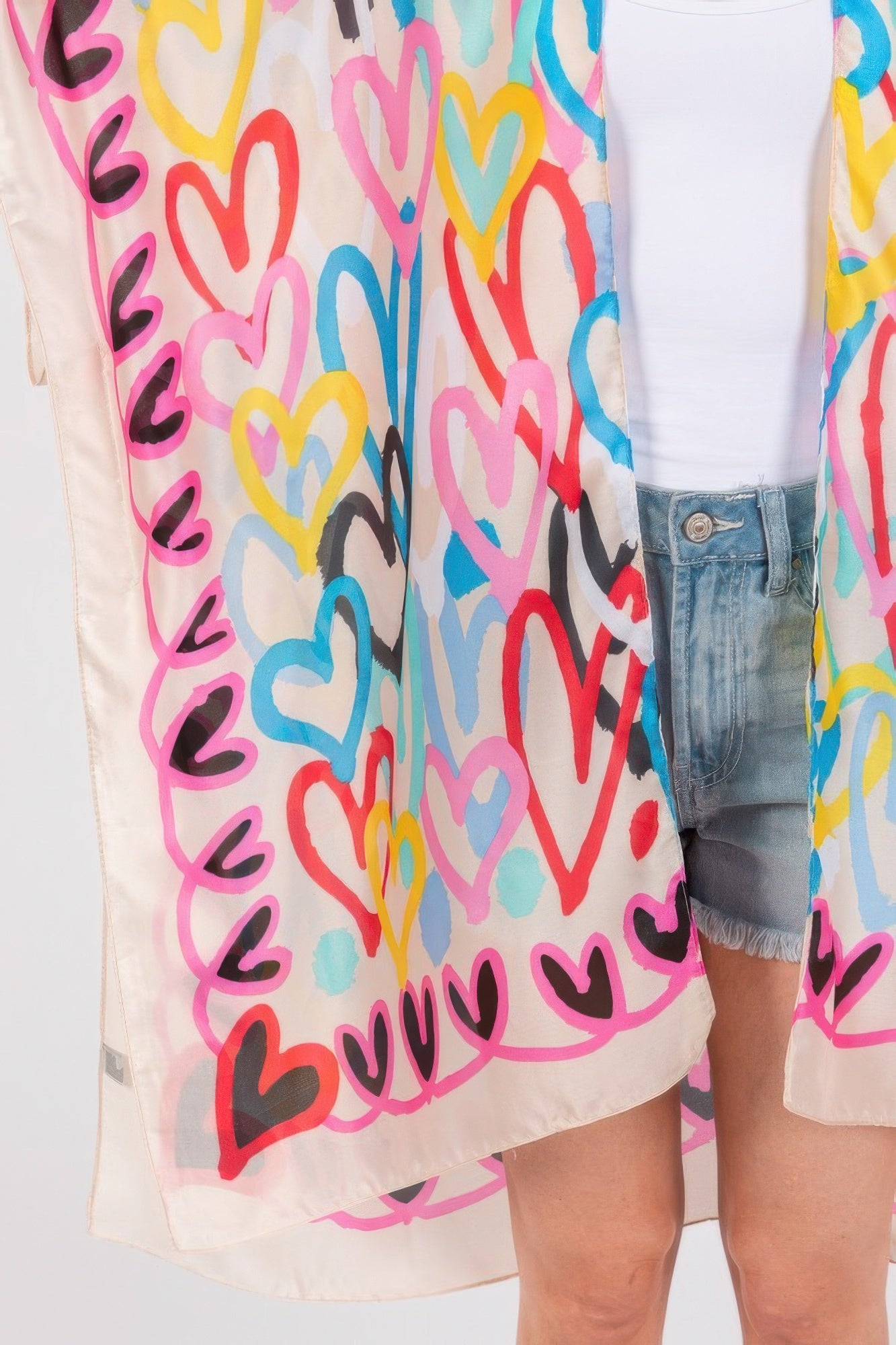 Multi Colored Heart Print Silky Feel Kimono - Tigbul's Variety Fashion Shop