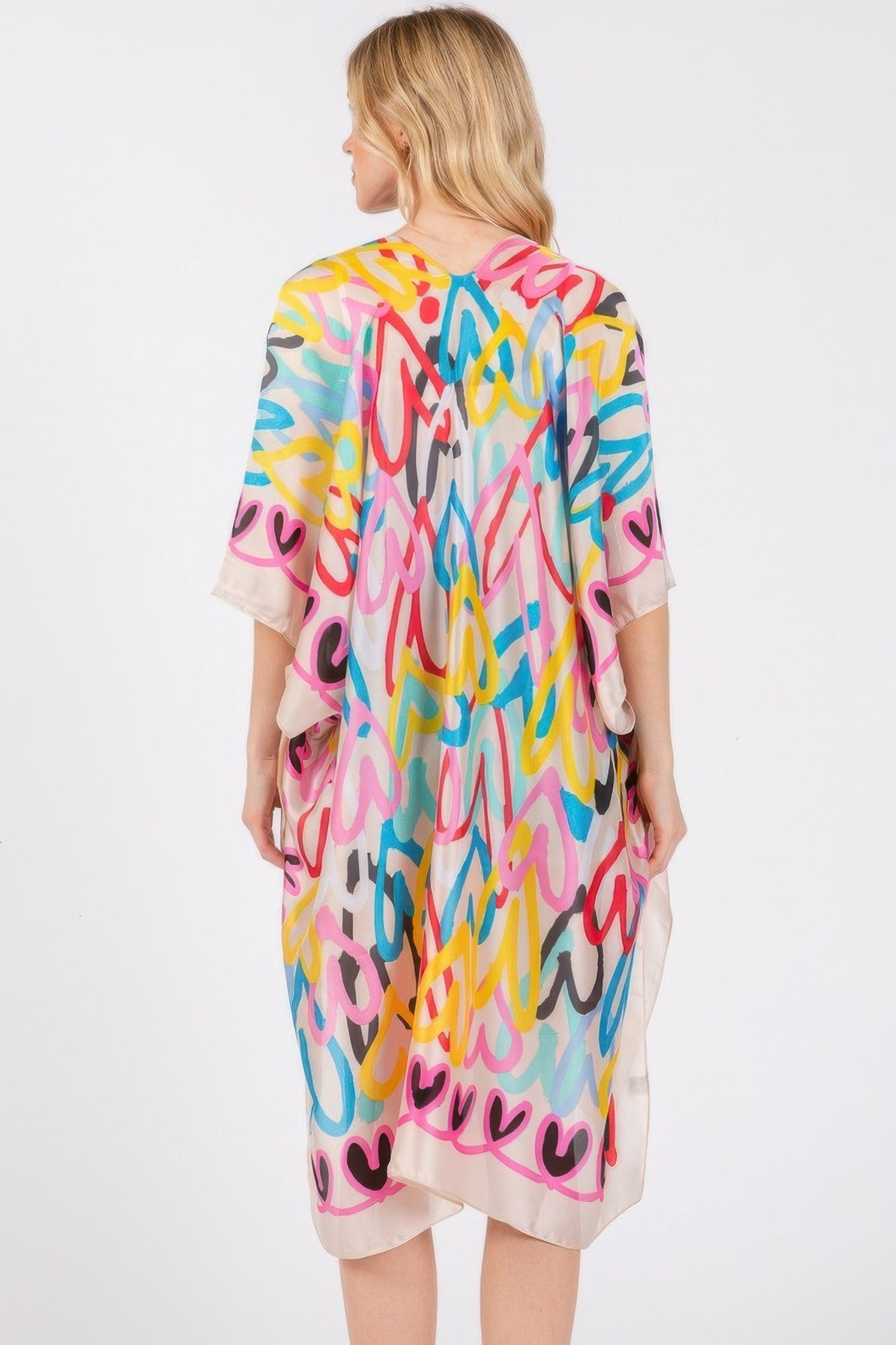 Multi Colored Heart Print Silky Feel Kimono - Tigbul's Variety Fashion Shop