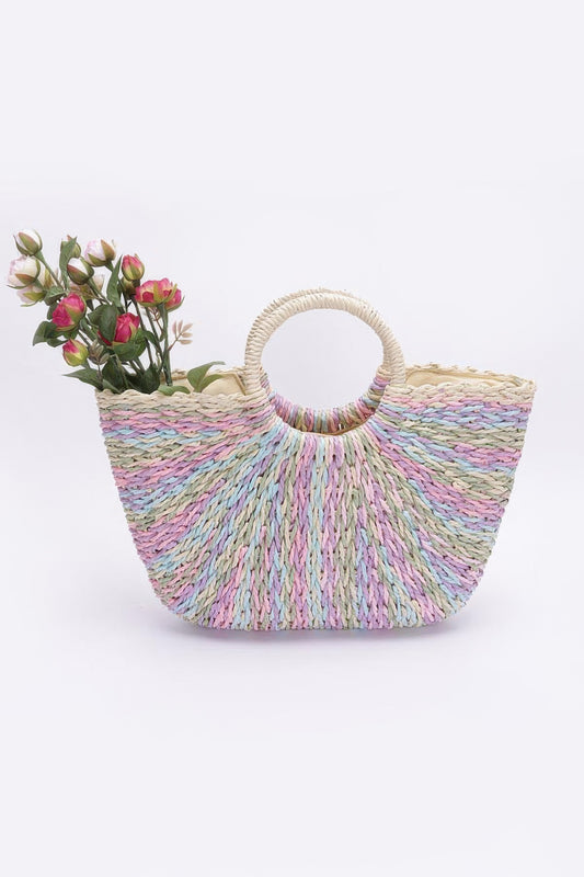 Faux Straw Multi Color Round Handle Tote Bag - Tigbul's Variety Fashion Shop