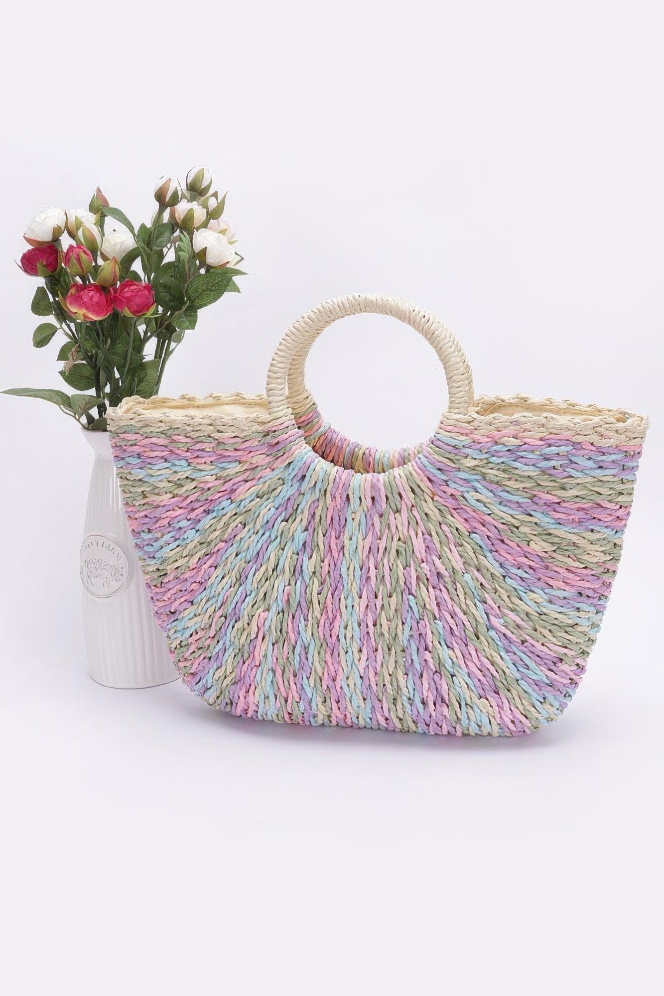 Faux Straw Multi Color Round Handle Tote Bag - Tigbul's Variety Fashion Shop
