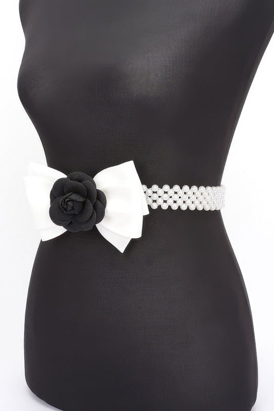 Flower Ribbon Faux Pearl Stretch Belt - Tigbul's Variety Fashion Shop