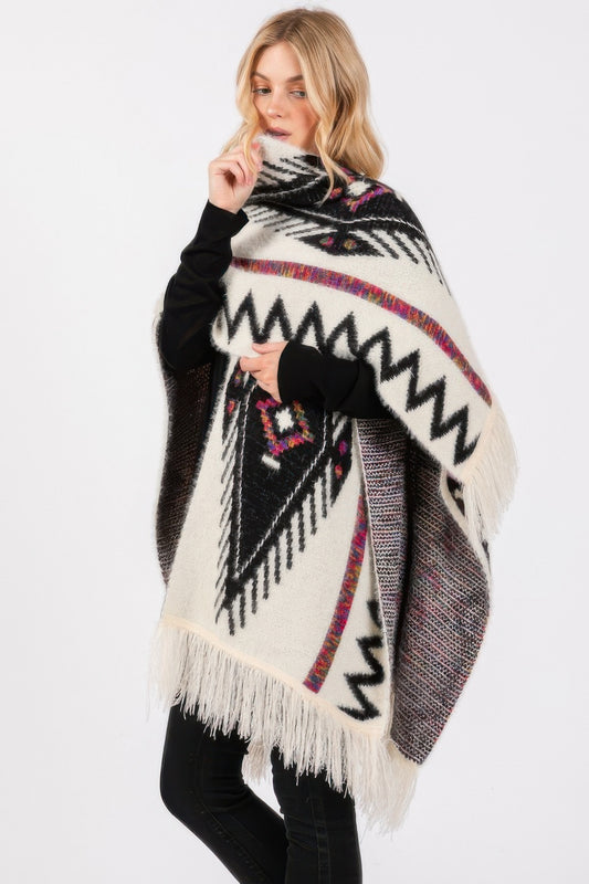 Fuzzy Aztec Pattern Tassel Knit Ruana - Tigbul's Variety Fashion Shop