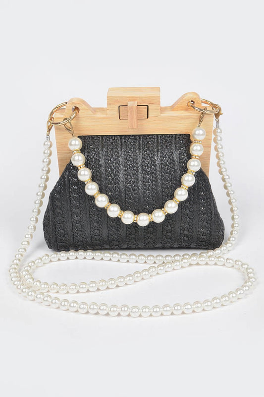Faux Straw Wood Frame Clutch W/ Faux Pearl Chain - Tigbul's Variety Fashion Shop