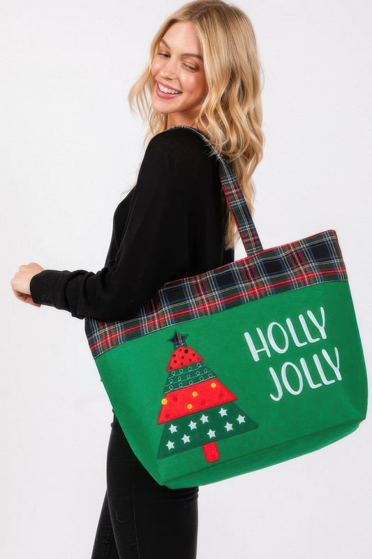 Holly Jolly Letter Christmastree Christmas Totebag - Tigbul's Variety Fashion Shop