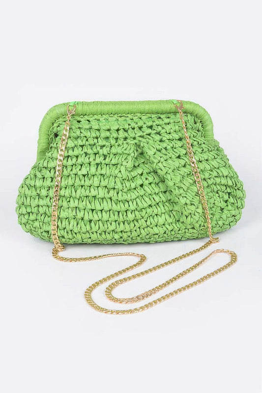 Faux Straw Clutch Handbag With Chain Strap - Tigbul's Variety Fashion Shop