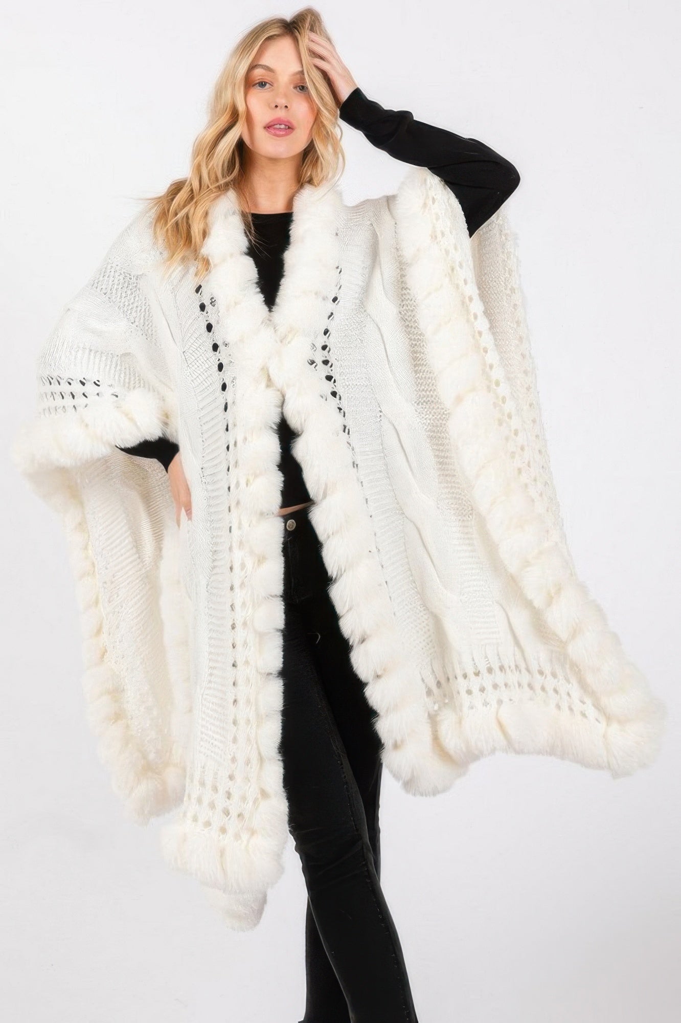 Faux Fur Collar And Trim Cape With Closure - Tigbul's Variety Fashion Shop