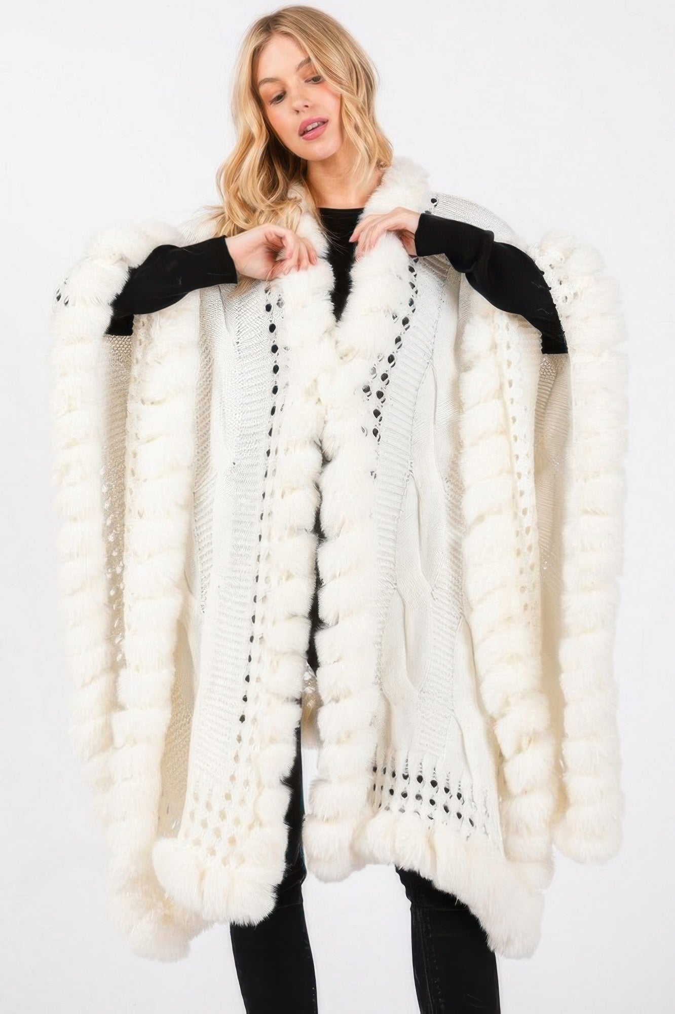 Faux Fur Collar And Trim Cape With Closure - Tigbul's Variety Fashion Shop