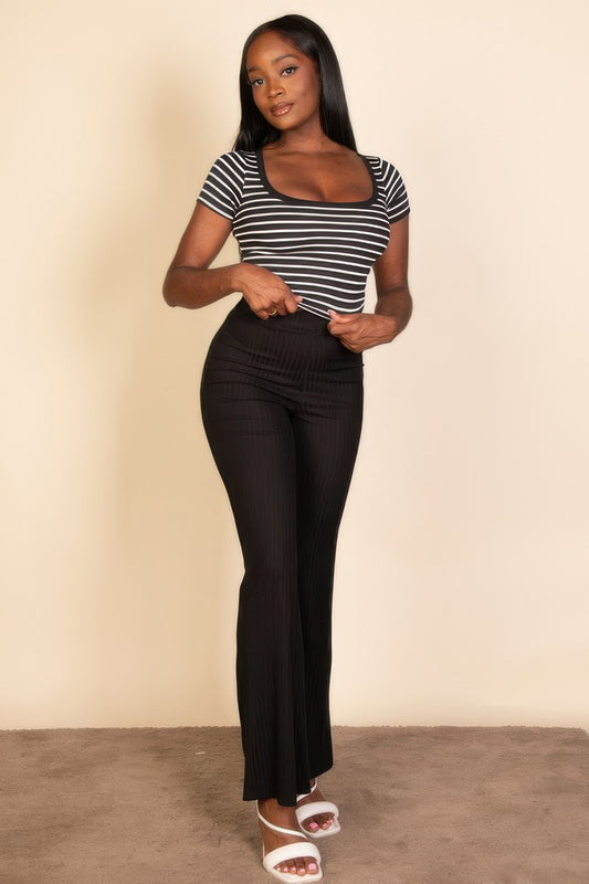 Ribbed Tight Knitted Striped Square Neck Short Sleeve T Shirt - Tigbul's Variety Fashion Shop