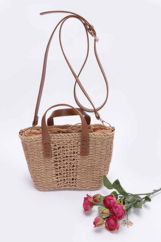 Faux Straw Top Handle Small Tote Bag - Tigbul's Variety Fashion Shop
